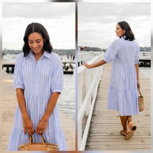 Maye Marnie Billowy Tiered Striped Midi Cottagecore Cotton Shirt Dress Sz. L